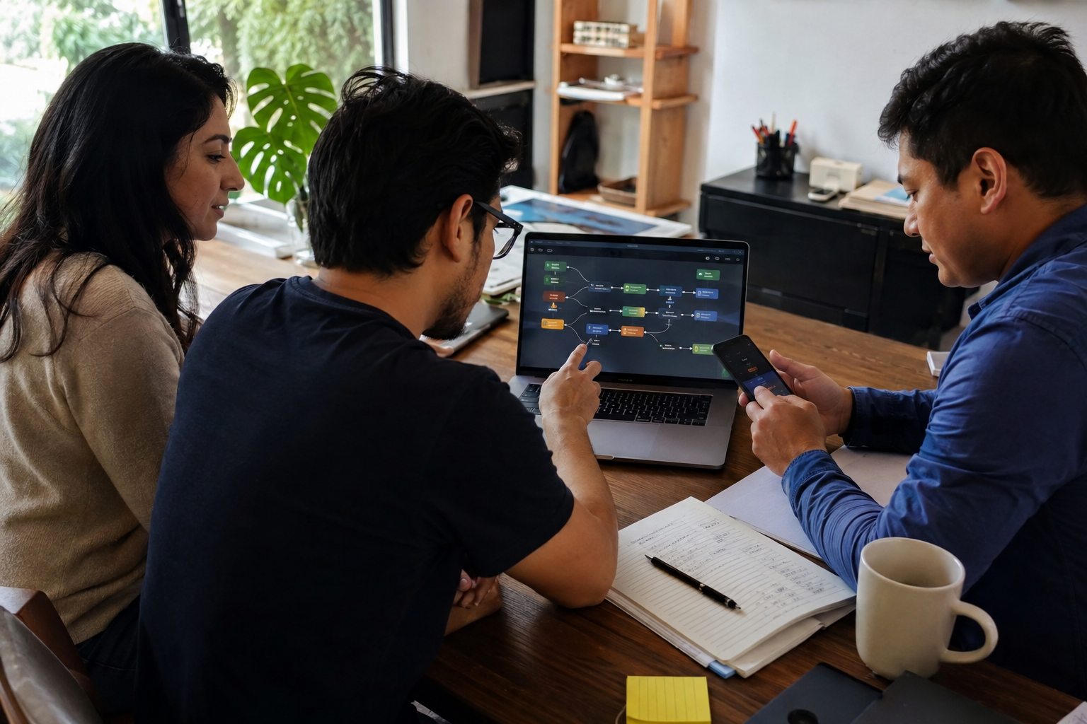 Equipo de una pequeña empresa revisa un flujo de automatización con inteligencia artificial en una laptop