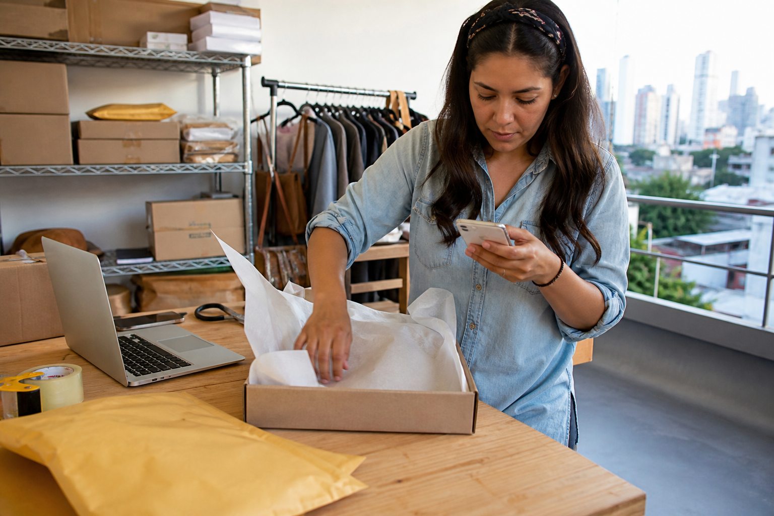 Emprendedora panameña prepara un pedido de su tienda online mientras consulta el teléfono