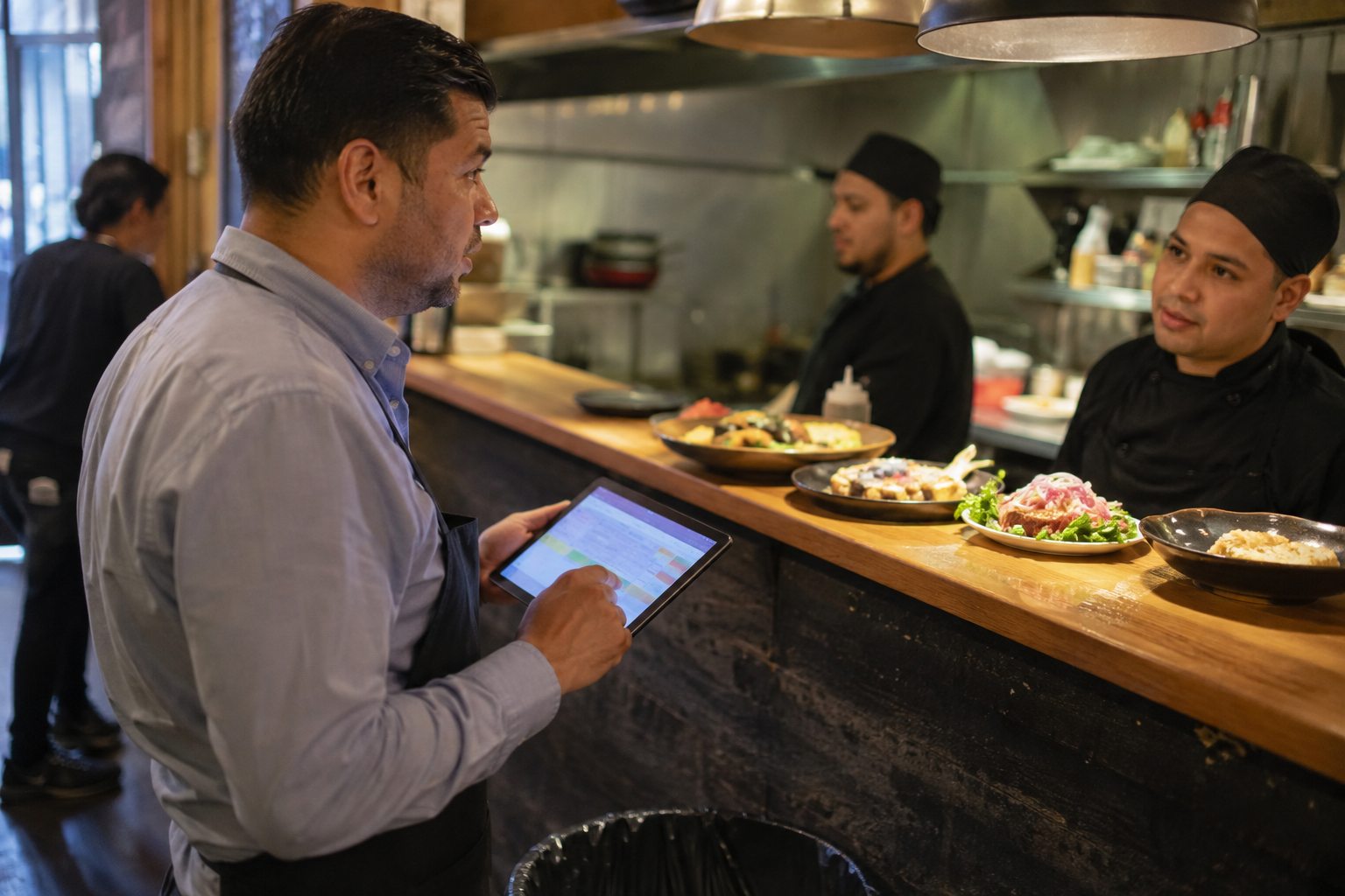 Gerente de restaurante coordina pedidos con una tableta frente al equipo de cocina durante el servicio