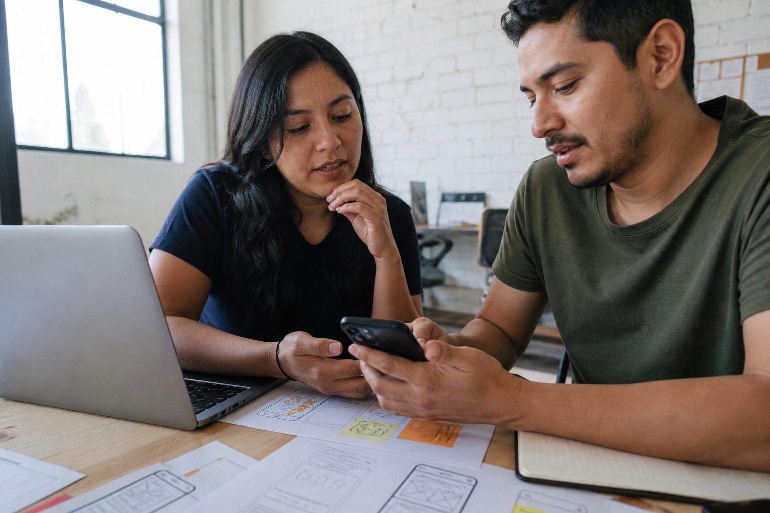 Diseñadora UX prueba un prototipo móvil con un usuario durante una sesión de trabajo