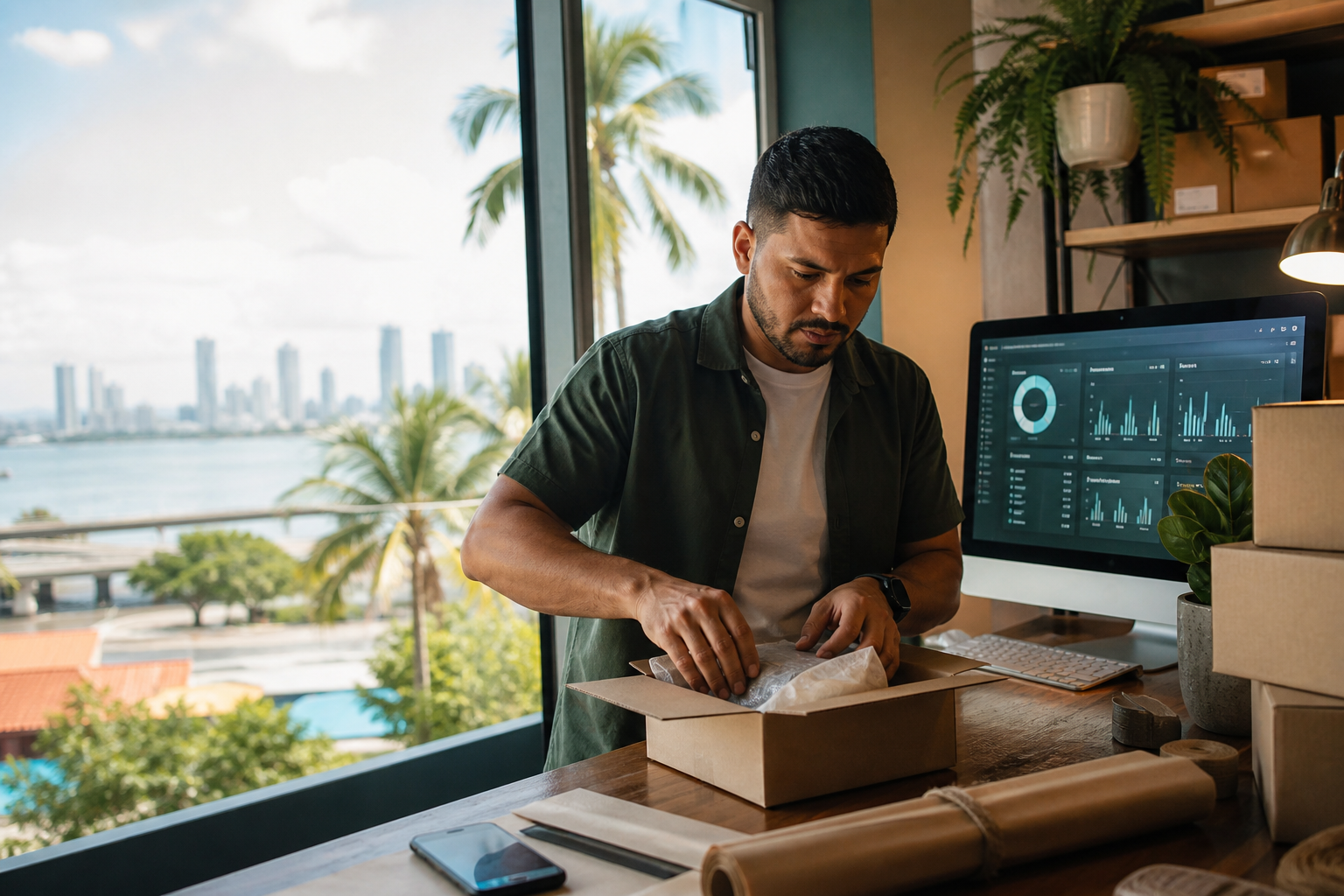 Emprendedor preparando pedidos y revisando ventas de una tienda online en Panamá