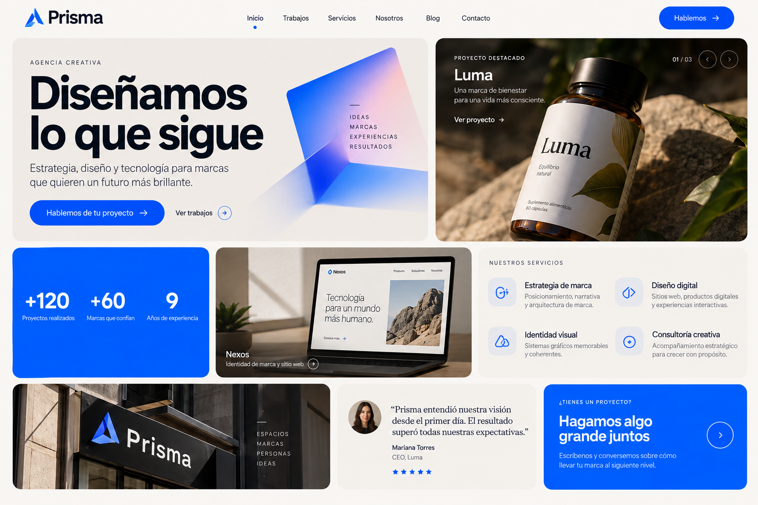 Vista de una web de agencia con proyectos fotográficos y servicios distribuidos en módulos asimétricos