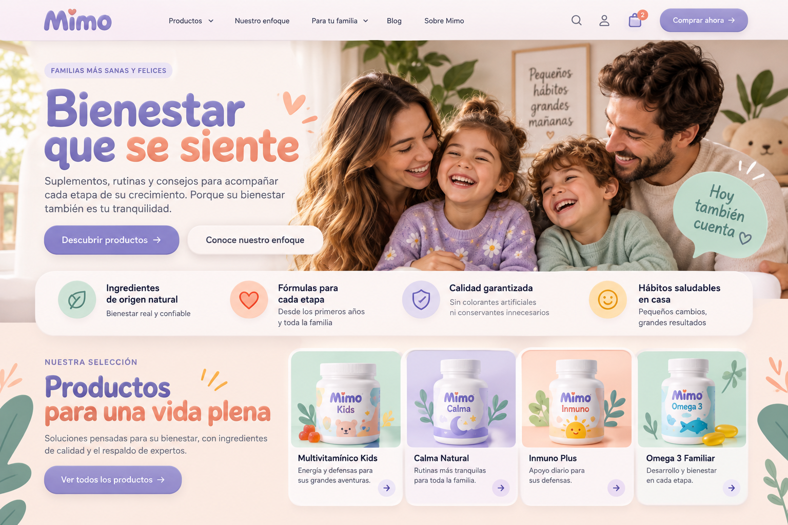 Vista de una tienda de bienestar familiar con fotografía de personas, colores pastel y botones de relieve suave