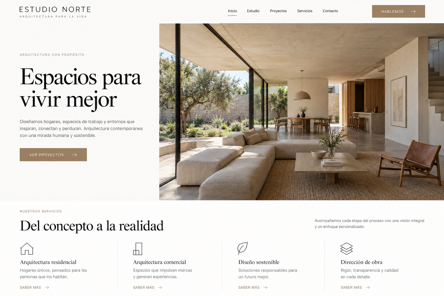 Vista de una web de arquitectura con fotografía de interior, tipografía editorial y amplios espacios blancos