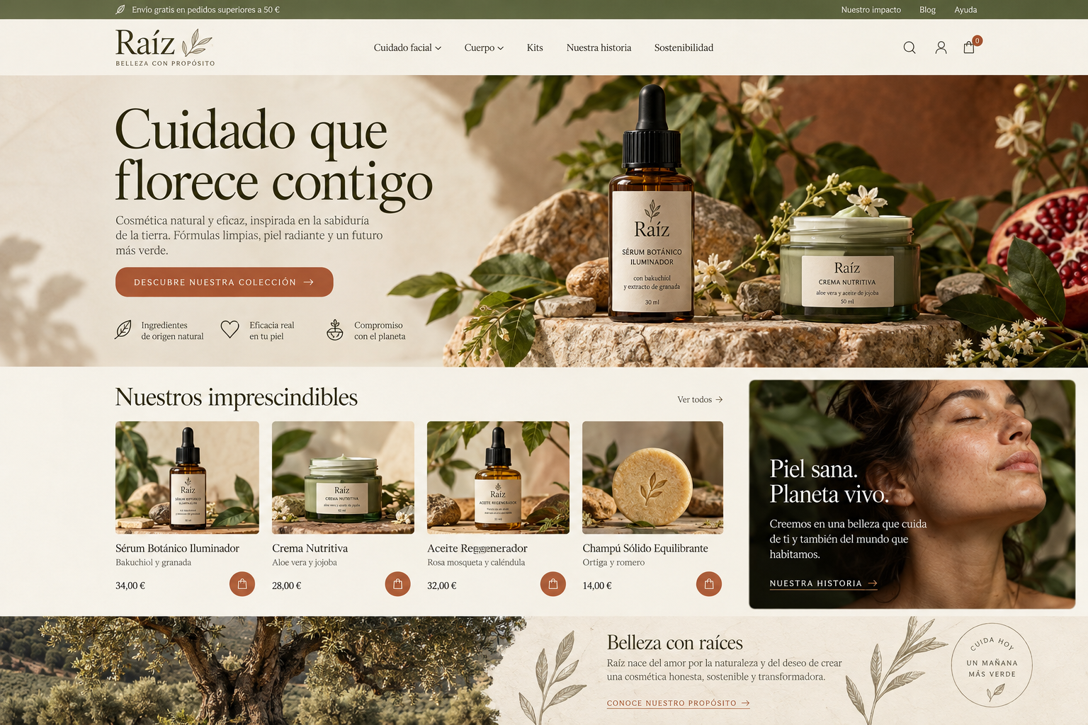 Vista de una tienda de cosmética botánica con fotografías de productos, tipografía serif y tonos tierra