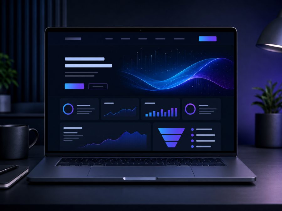 Ejemplo de página Dark Tech con fondo azul noche y acentos luminosos