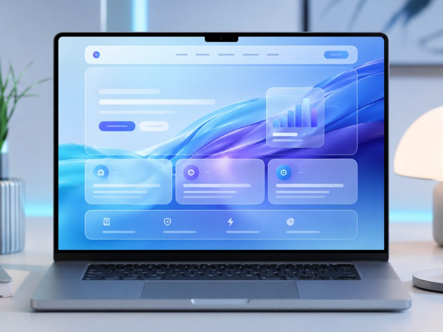 Ejemplo de página web estilo Liquid Glass con paneles translúcidos azules