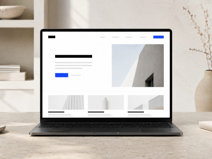 Ejemplo de página web minimalista con espacios blancos y acentos azules