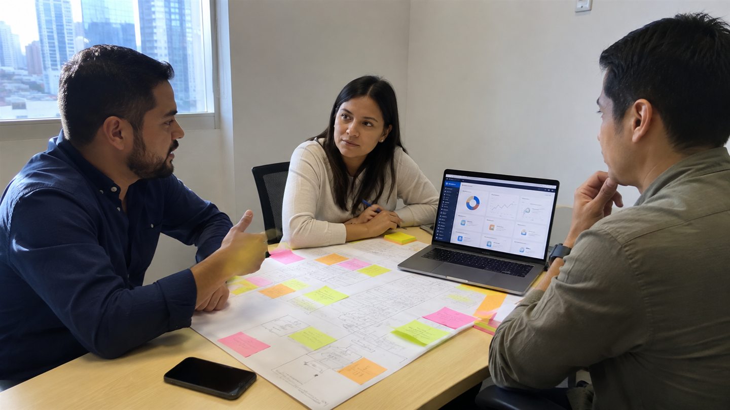 Equipo de una empresa panameña revisando en una laptop el alcance y presupuesto de un software a medida