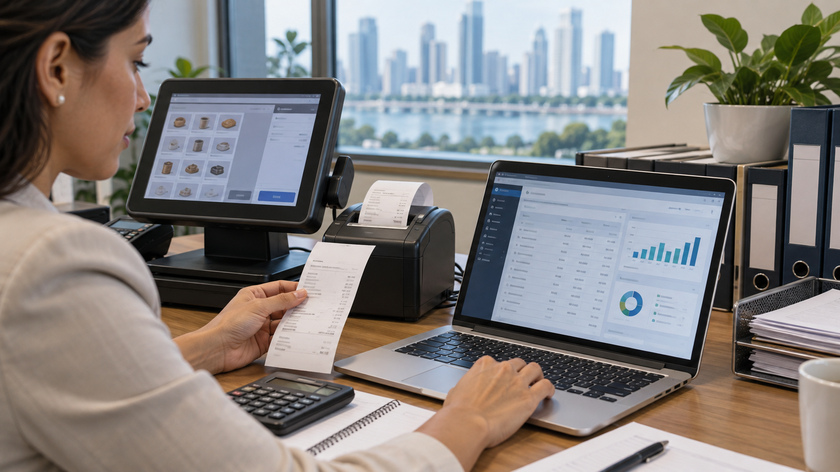 Contadora verifica comprobantes y datos de facturación conectados al sistema empresarial