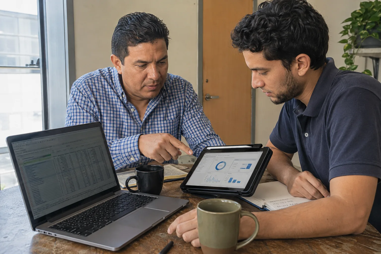 Gerente de una empresa panameña compara hojas de Excel con un panel de software empresarial junto a un desarrollador