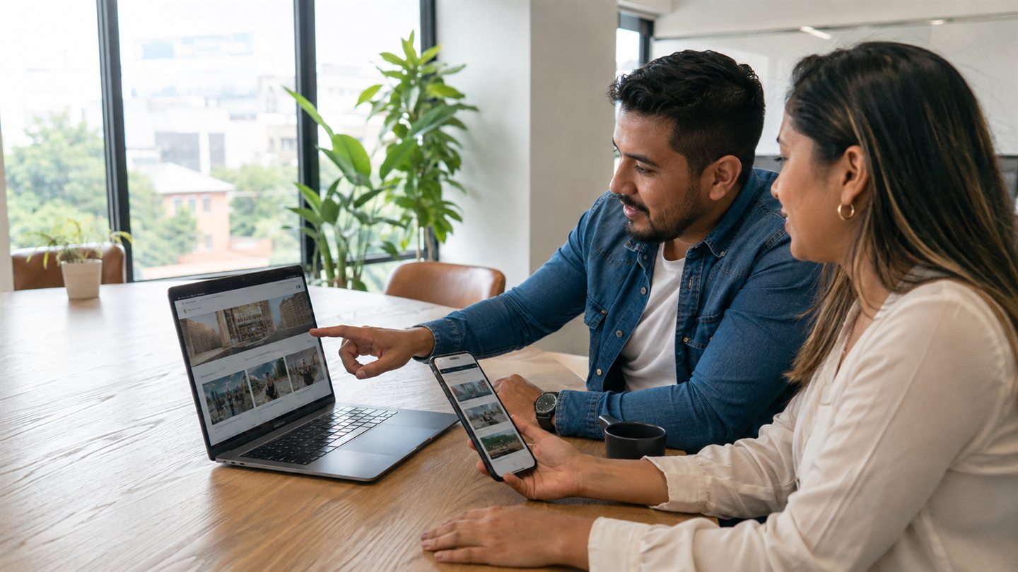 Equipo empresarial en Panamá revisando el diseño responsive de una página web en una laptop y un celular