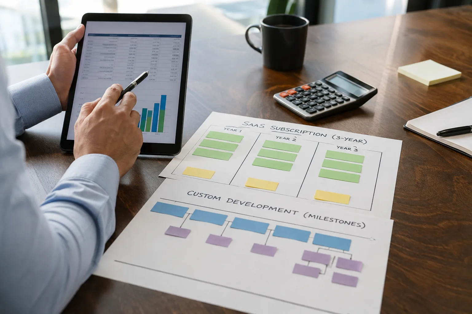 Gerente financiero compara en una tableta los costos de suscripciones SaaS y las etapas de desarrollo de software
