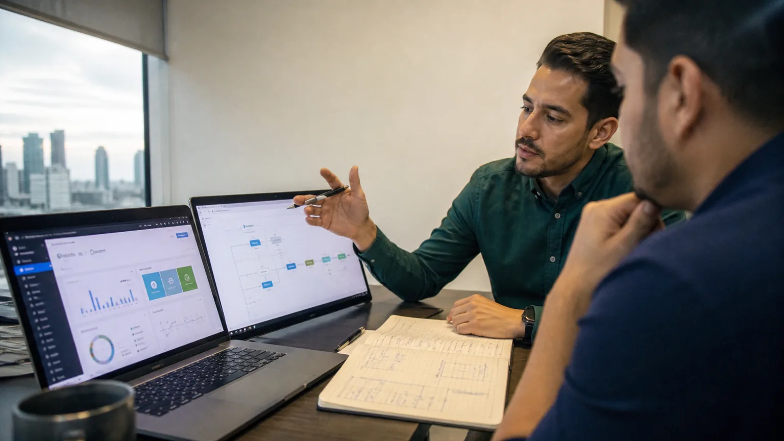 Gerente de operaciones compara un sistema SaaS y un prototipo de software a medida junto a un desarrollador en Panamá