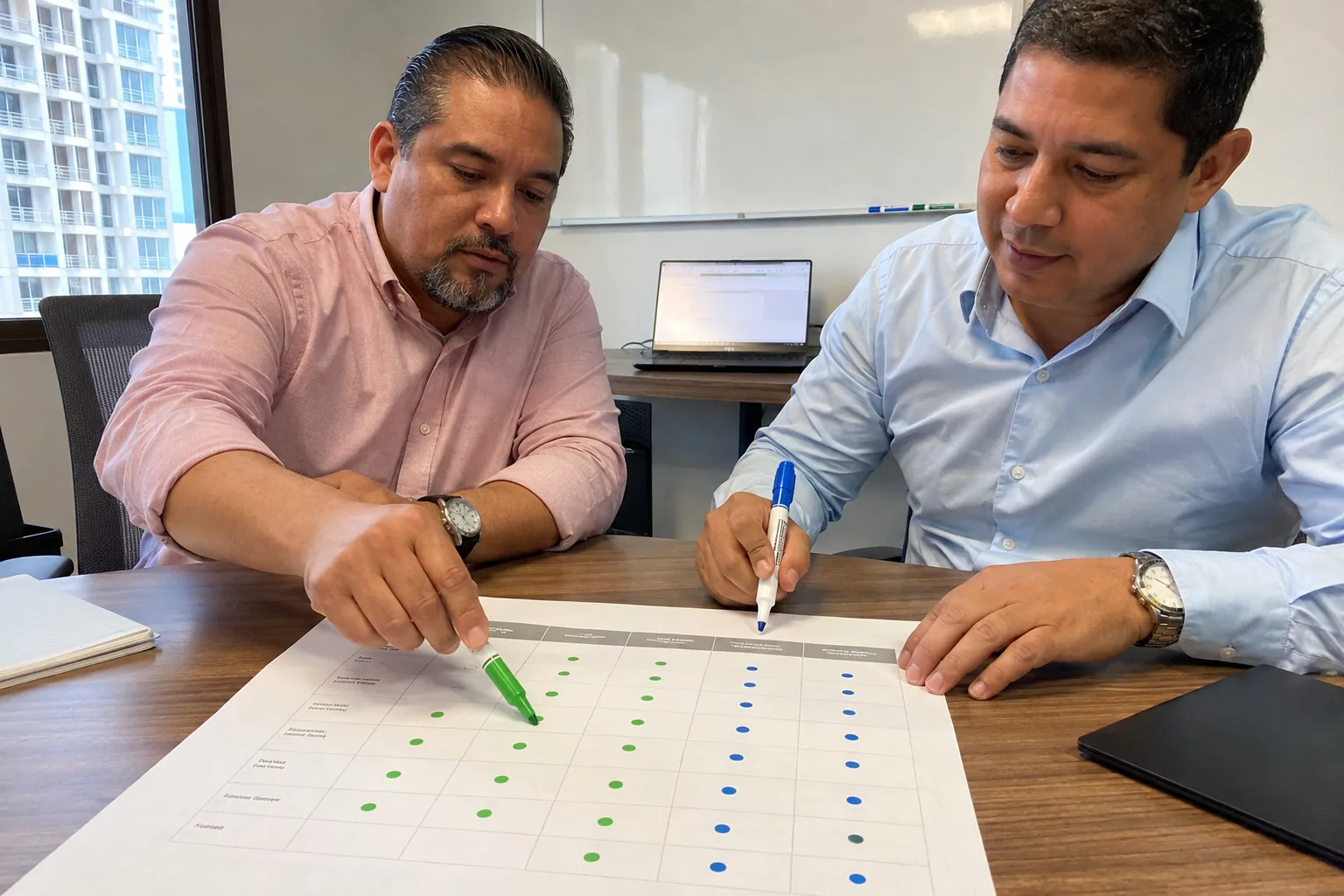 Empresario y consultor completan una matriz de decisión entre procesos estándar y funciones de software personalizadas