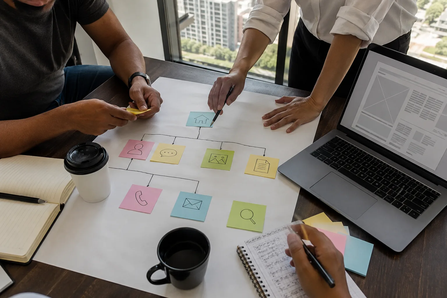 Equipo organiza con notas la arquitectura de una página web empresarial junto a un wireframe en una laptop