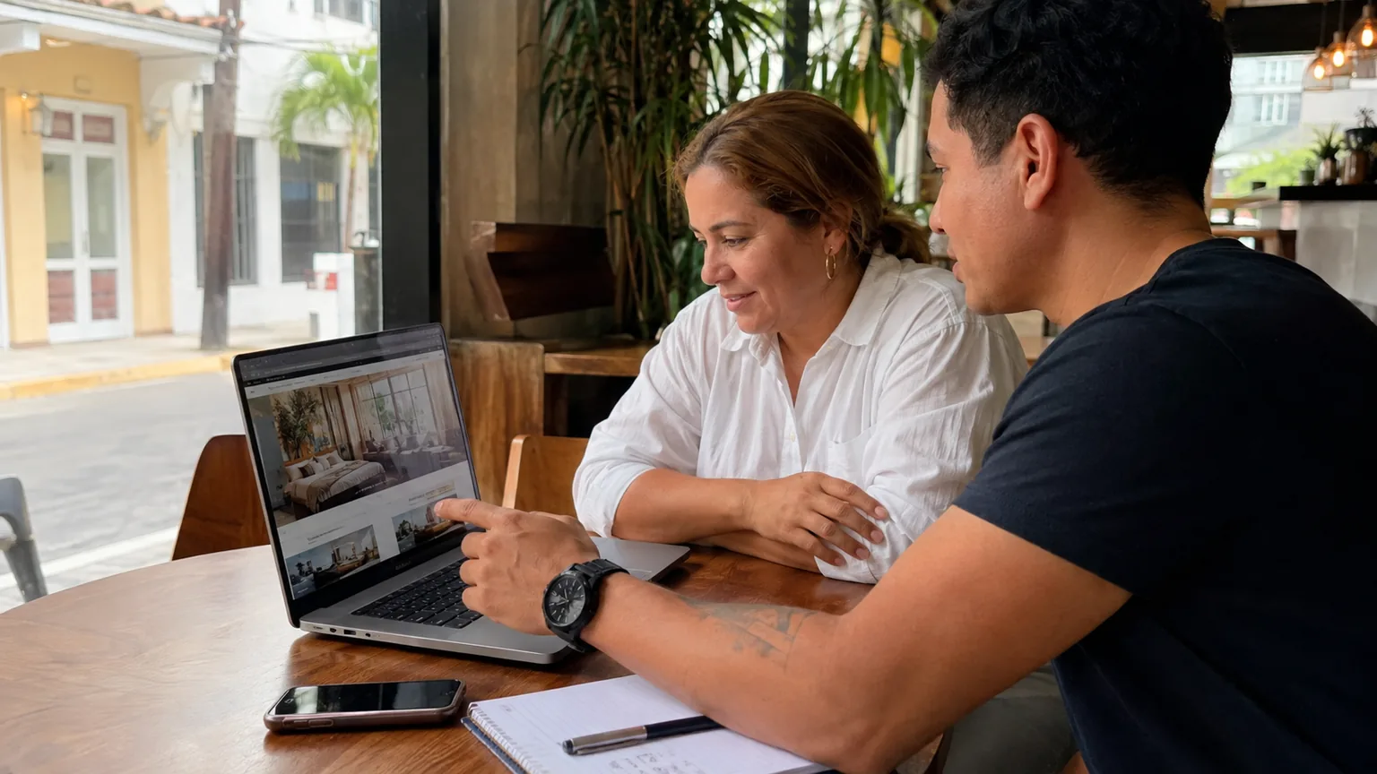 Empresaria panameña y diseñador revisan una página web corporativa en una laptop dentro de un café iluminado