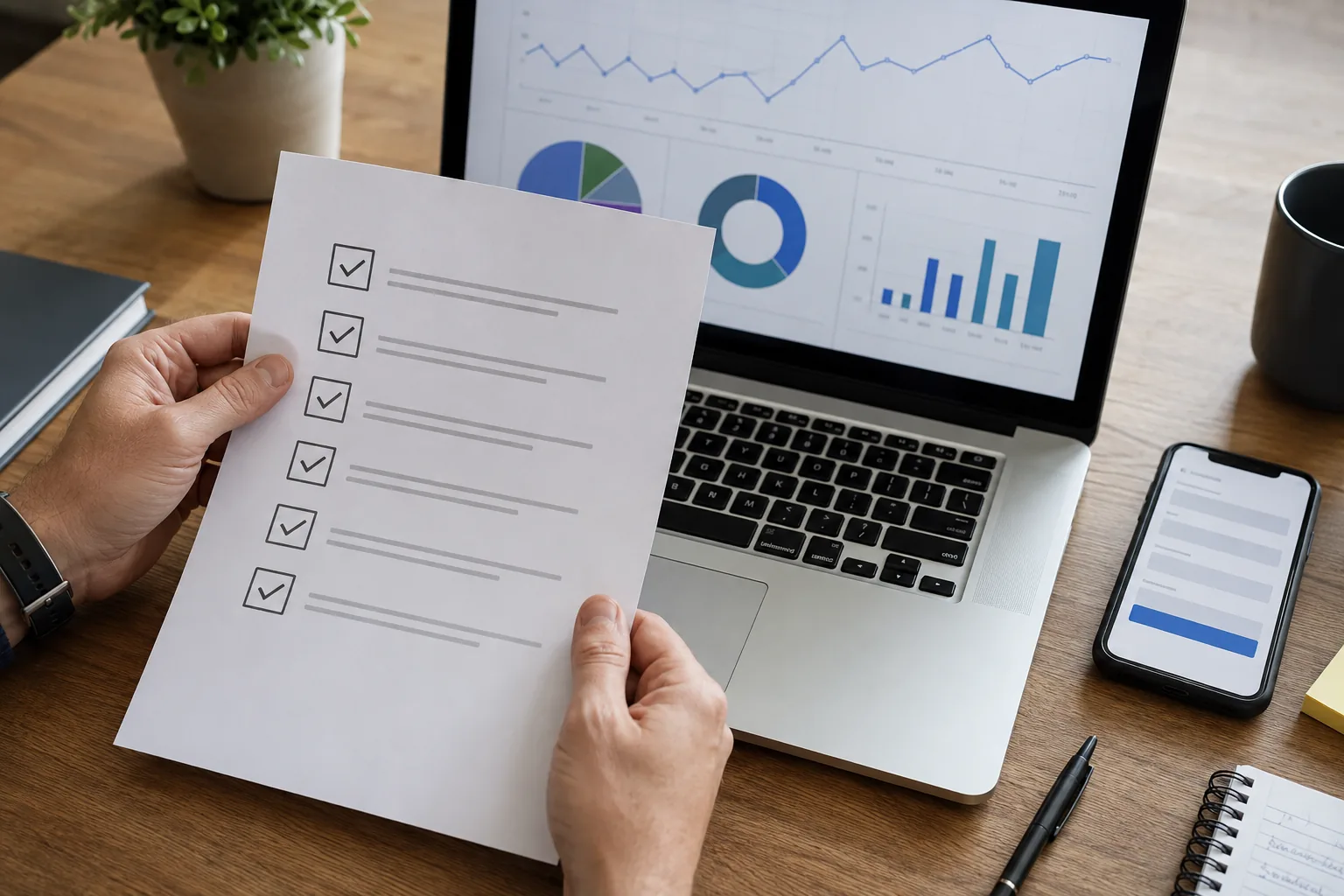 Checklist de lanzamiento web junto a una laptop con analítica y un teléfono mostrando un formulario de contacto