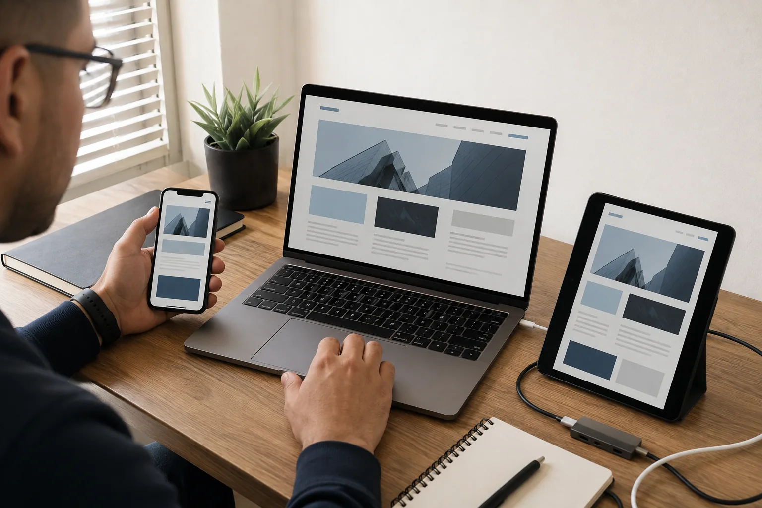 Desarrollador prueba la misma página web empresarial en laptop, tableta y teléfono móvil