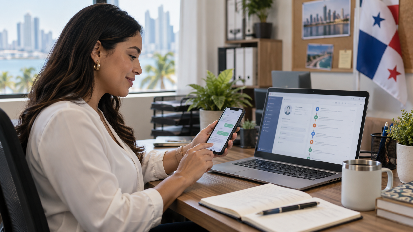 Asesora responde desde un celular mientras consulta el historial de un cliente en el CRM