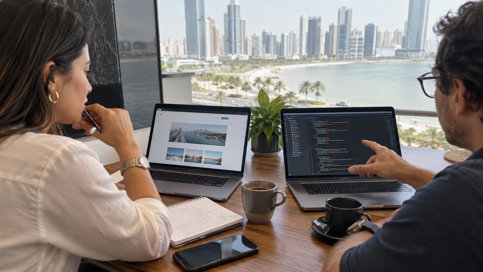 Empresaria compara una página WordPress y un desarrollo web personalizado junto a un programador en Ciudad de Panamá