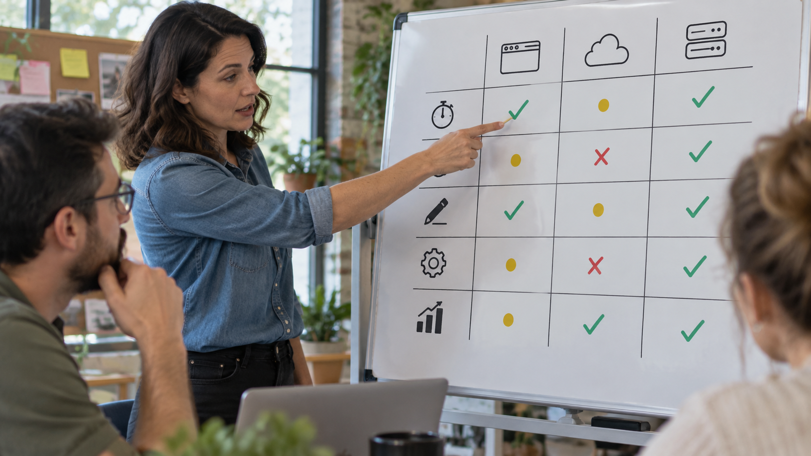 Equipo utiliza una matriz visual para comparar plataforma web, nube y desarrollo personalizado